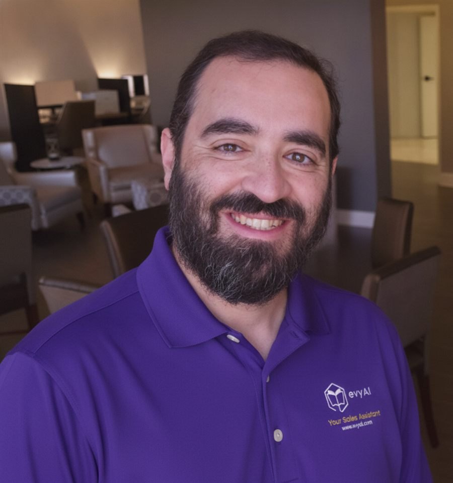 Joe Apfelbaum, headshot, smiling, purple background