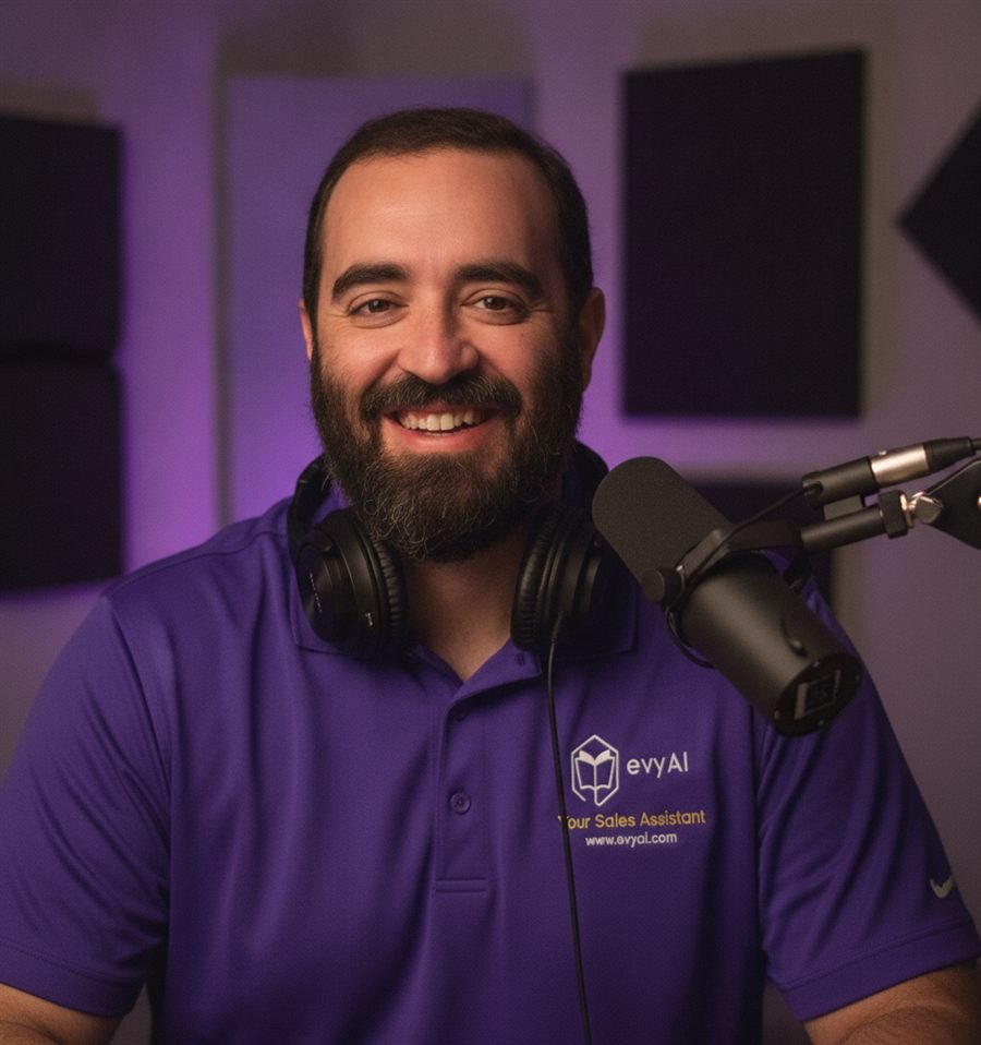 Joe Apfelbaum at a podcast microphone