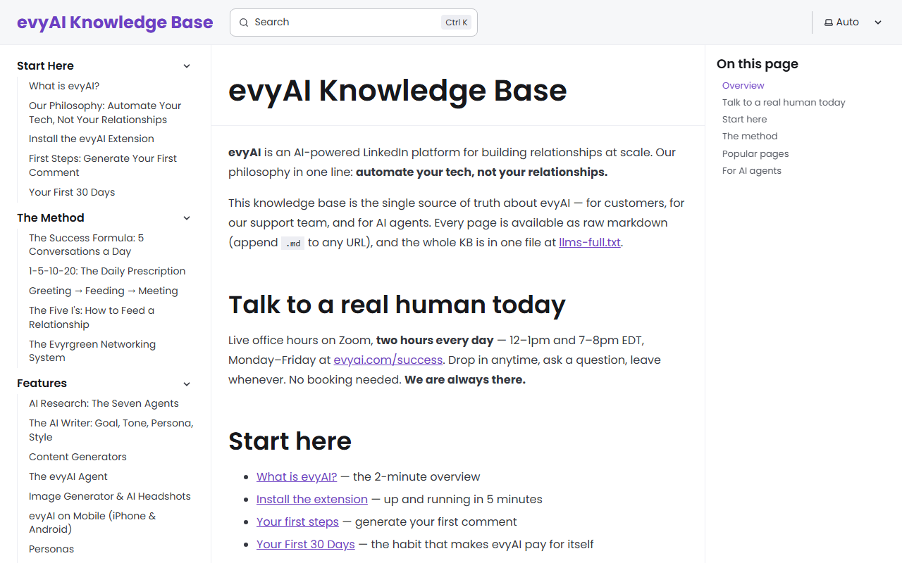 evyAI Knowledge Base screenshot