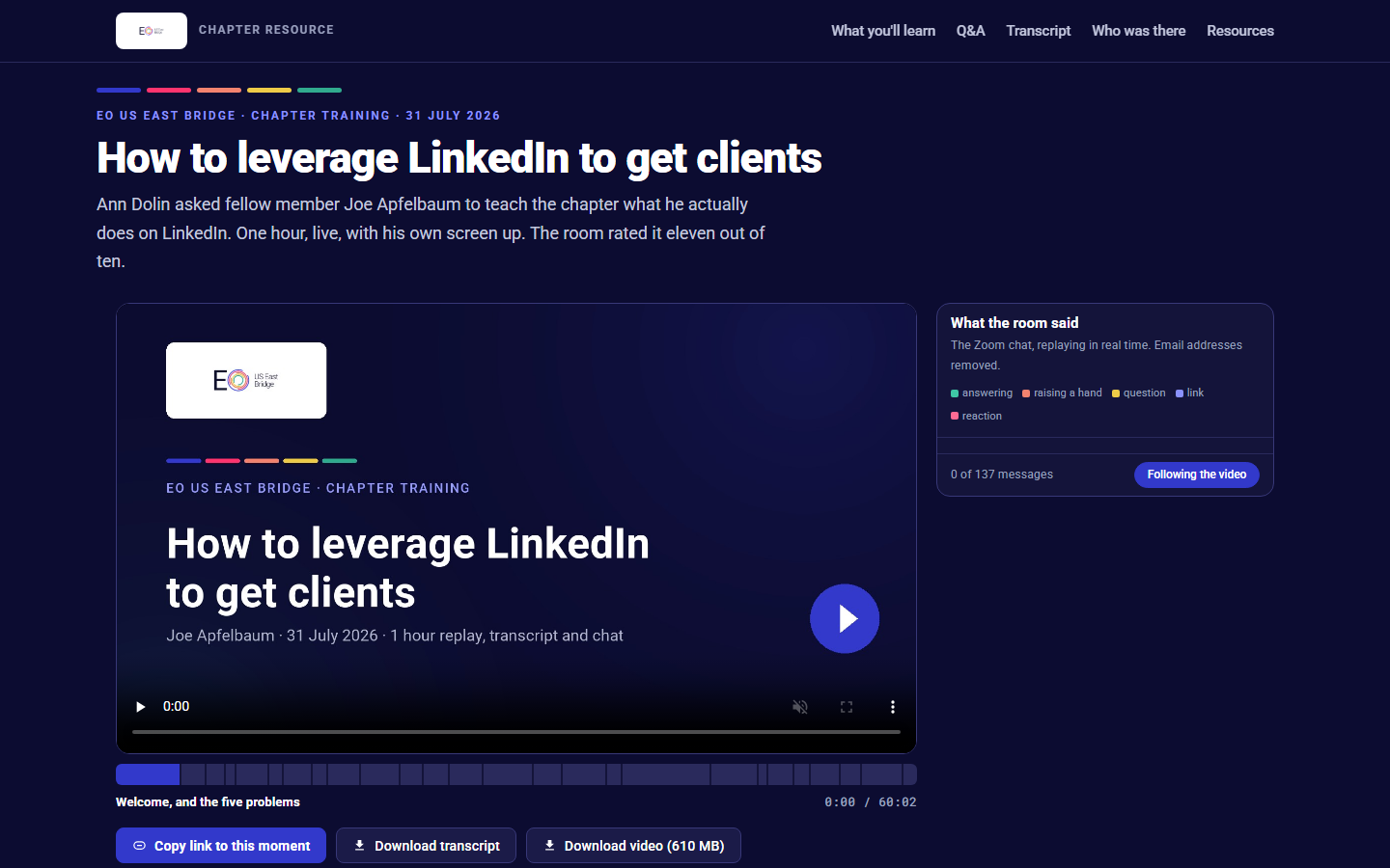 LinkedIn Training Replay with Live Zoom Chat screenshot