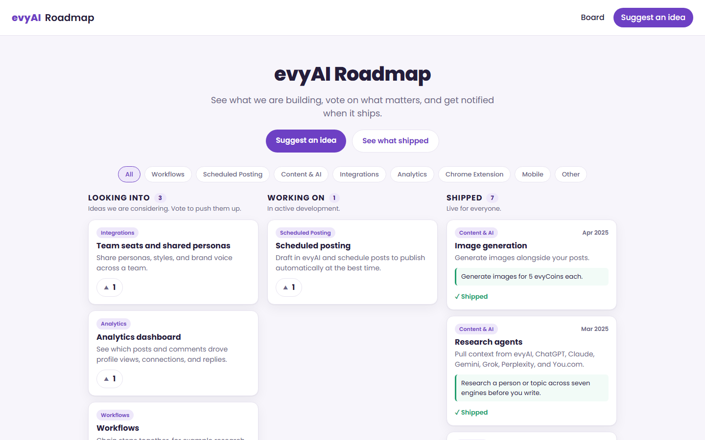 evyAI Public Roadmap screenshot